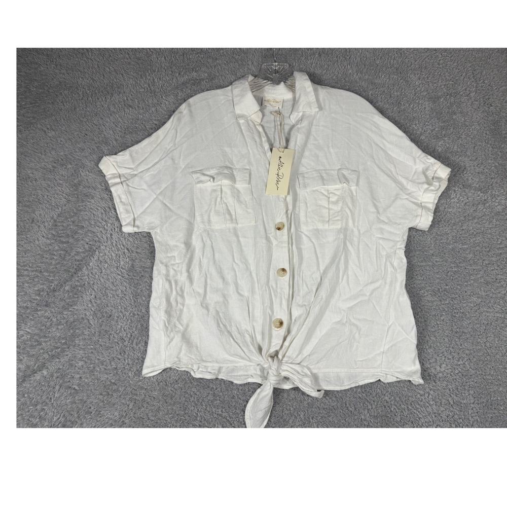 Allie Rose Button Down Women Large White NEW Tie Front Linen Blend Short Sleeve